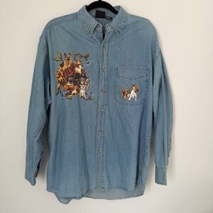 Vintage Dog Denim Shirt Medium Unisex Oversized Grandmacore 90s Puppy Blue